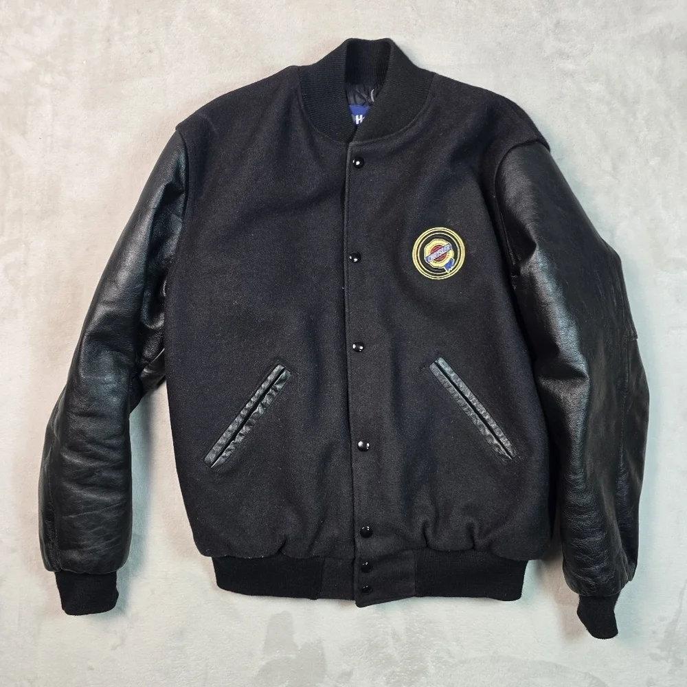 Vintage Holloway Chrysler Varsity Jacket Sz M Wool Leather Varsity Black USA 90s